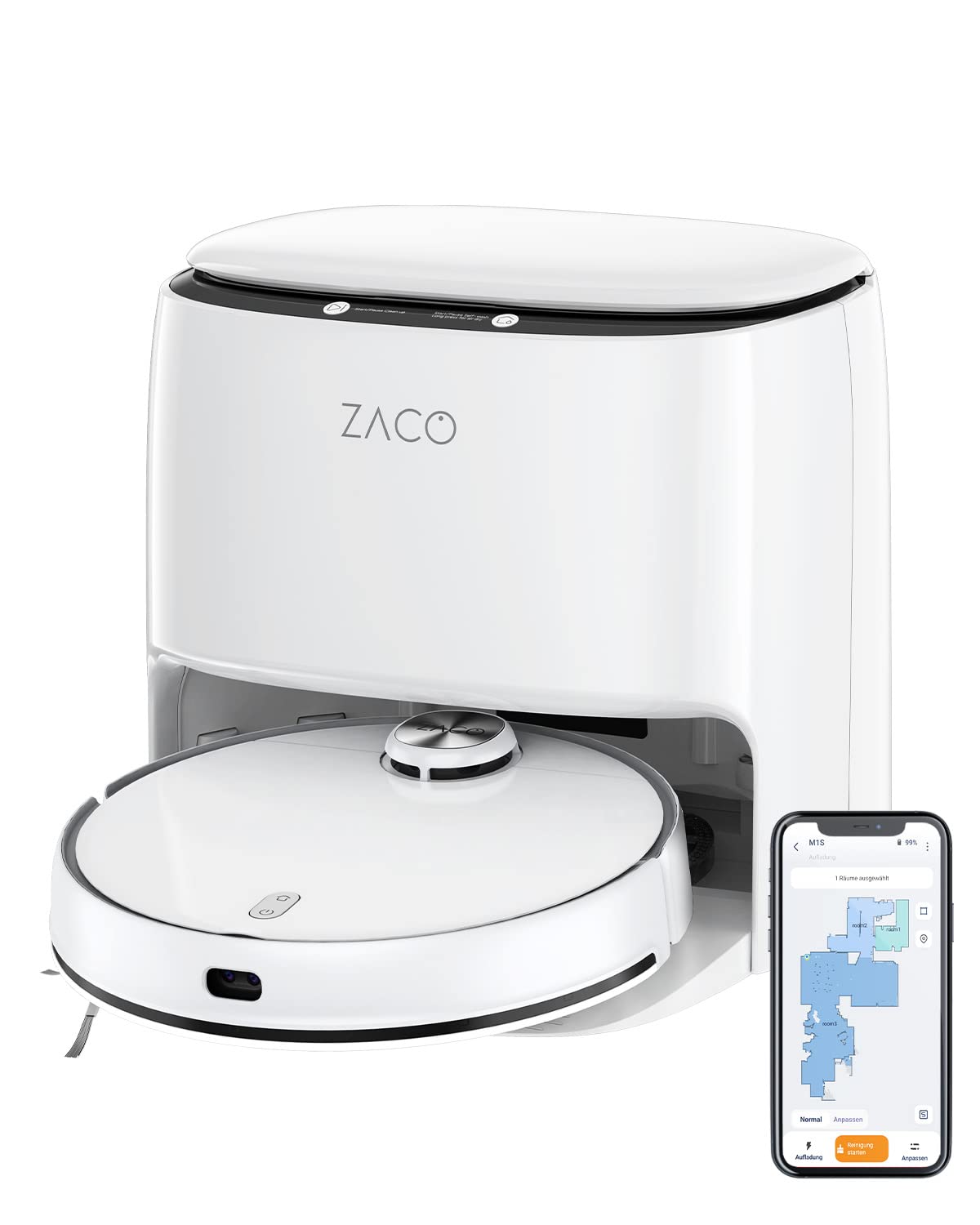 ZACO M1S Saug Wischroboter mit Waschstation, Selbstreinigung, Lasernavigation & Hinderniserkennung, 4L Frischwassertank, App, Mapping, bis 180Min, Wisch Saugroboter für Parkett & Tierhaare