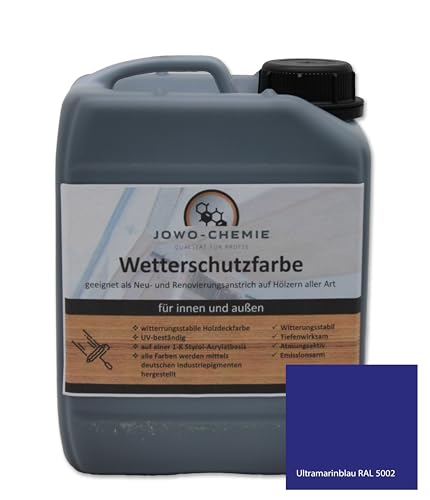 JOWO-CHEMIE Wetterschutzfarbe (5kg) Holzfarbe Zaunfarbe Gartenfarbe auf Hölzer aller Art große Farbauswahl Acryl-Farbe (Ultramarinblau)