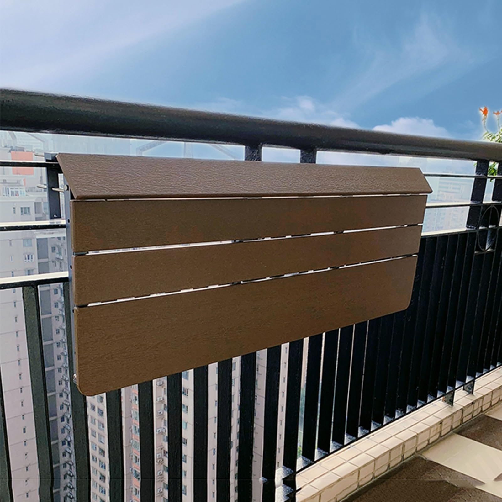 NIZAME Balkontisch Hängend Klappbar Geländertisch, TerrassentischBalkontisch mit 5 Verstellbaren Höhen, Mehrzweck-Hubtisch für Innen und Außen (Color : Wood, Size : 80x37cm)