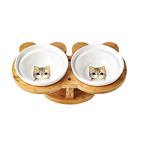 Koomiao 2×Keramik Futternapf Katze mit erhöhter Halterung Katzennäpfe Keramik mit Holzunterstützung Für Katzen Jeden Alters und Welpen (B)