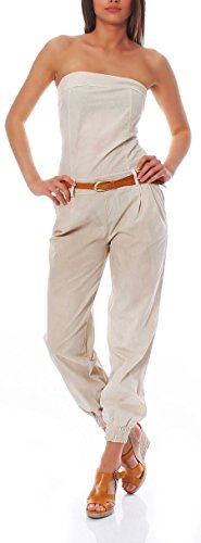 Malito Damen Einteiler in Uni Farben | Overall mit Gürtel | Langer Jumpsuit - Romper - Hosenanzug 1585 (beige, XL)