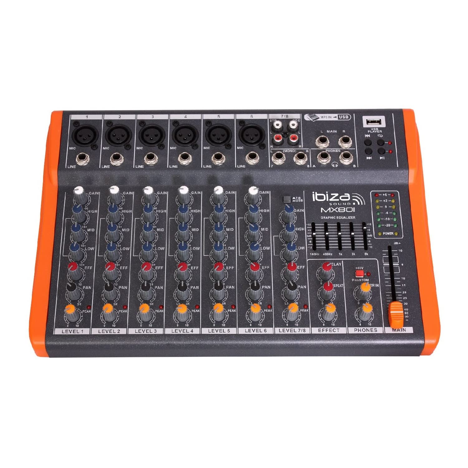 Ibiza - MX801 - Komplettes semiprofessionelles 6-Kanal-Mischpult (5-Band-Equalizer) mit MONO-, Mikrofon- und Line-Eingängen und REC-, RCA-, Kopfhörer- und AUX-Ausgängen - USB - Schwarz und orange