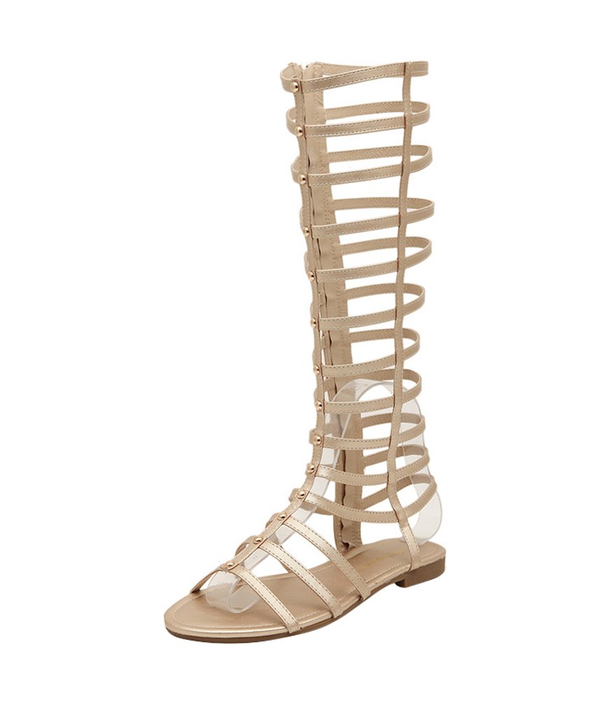 LvRao Damen Gladiator Römisch Sandalen Knie Stiefel Flache Sommer Strand Schuhe (Gold, EU 38)