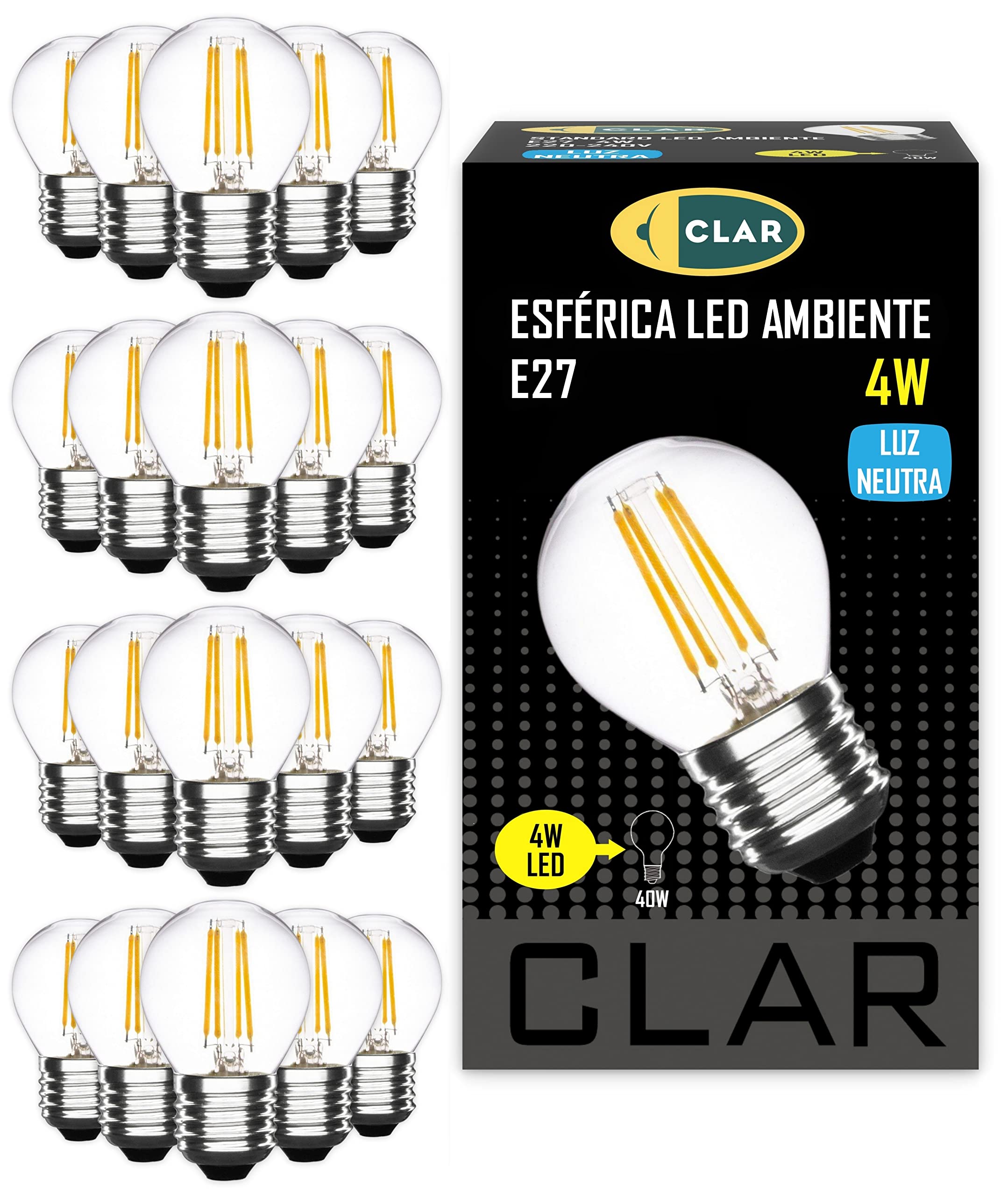 CLAR - LED E27, Glühbirne Neutralweiss, Tropfen Vintage, 4W Filament, LED Retro 30-40W, Birne Neutralweiß 4000ºK (Pack 20)