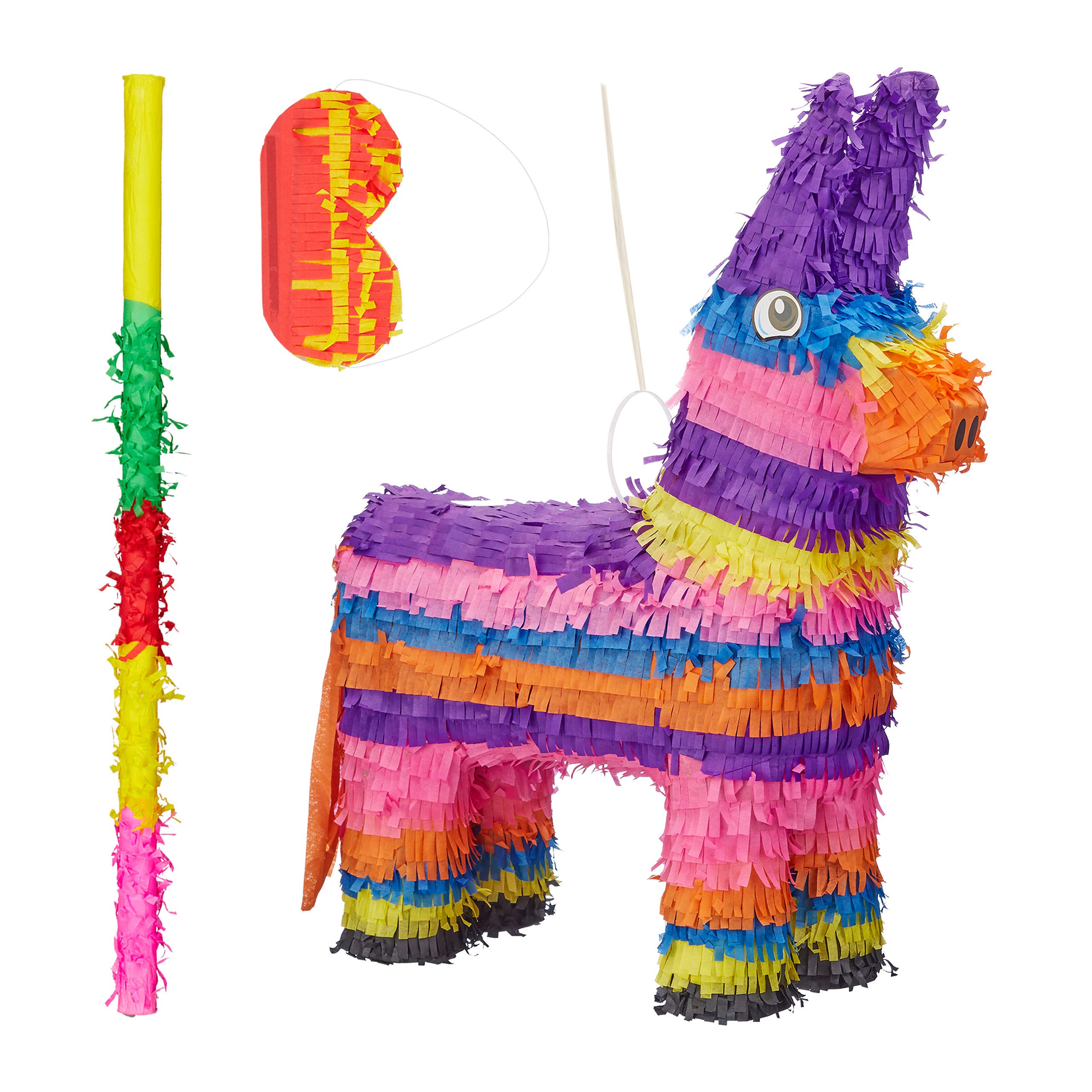 Relaxdays 3 TLG. Pinata Set Esel, mit Pinata Stab und Augenmaske, für Kinder, Geburtstag, zum selbst Befüllen, Donkey Piñata, bunt