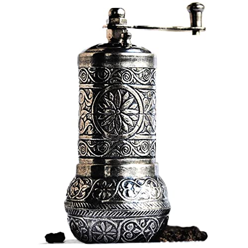 Bazaar Anatolia Türkische Mühle Pfeffermühle mit Metallmahlwerk 11 cm Klein Gewürzmühle Chilimühle Manuell Pepper Grinder (Antikes Silber)