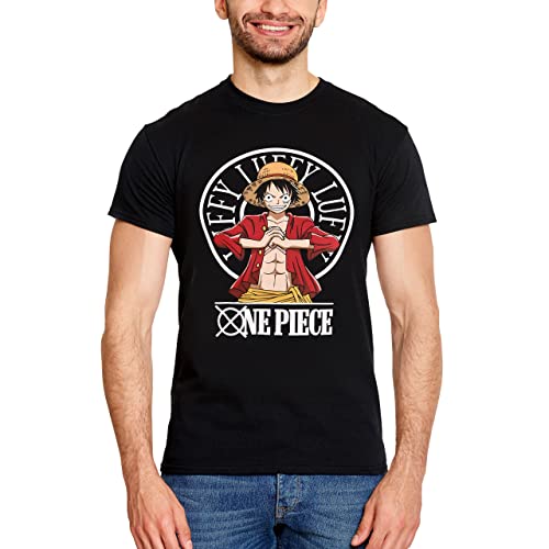 Elbenwald One Piece T-Shirt mit Monkey D. Luffy Frontprint für Herren Damen Baumwolle schwarz - M