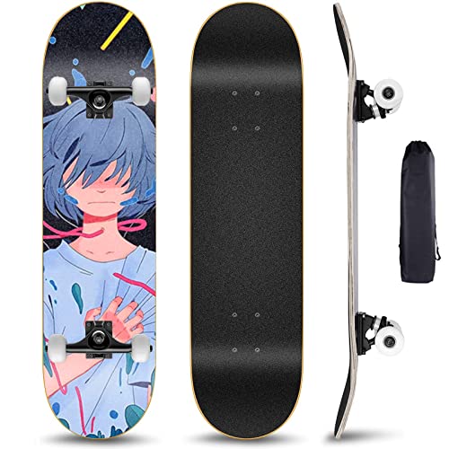 Hignful Skateboards Für Anfänger, Skeatbord Longboards Für Mädchen Jungen 31 Zoll Skateboard Für Jugendliche Kinder Erwachsene Skate Boards Konkave Deckform Mit Doppel-Kick, (Anime-Muster)