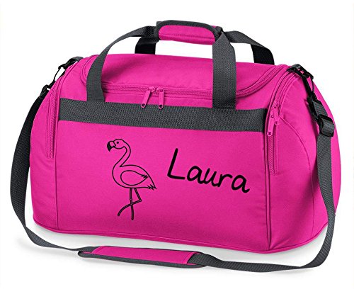 Sporttasche mit Namen | inkl. NAMENSDRUCK | Motiv Flamingo pink schwarz | Personalisieren & Bedrucken | Reisetasche Umhängetasche für Mädchen Damen Frauen