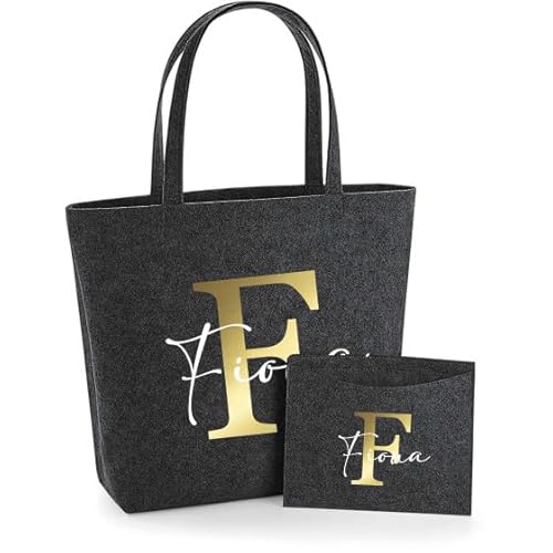 AWASG Filztasche Damen-Tasche mit kleinem Etui - Bedruckt und Personalisiert mit Buchstabe Monogramm Name - Shopper Geschenk für Sie (dunkelgrau)