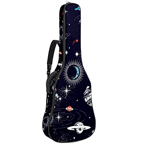 Tasche für Akustikgitarre, 107 cm, stoßfest, dick gepolstert, Rucksack für Bass, Folk-Gitarre, Galaxie, Weltraum, Sterne mit Raketen