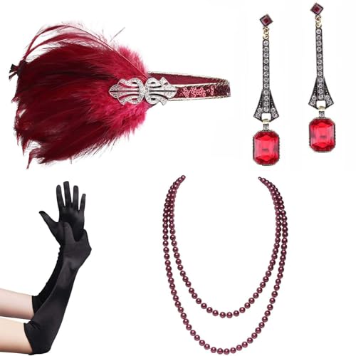 Flapper-Kostüm für Damen, GatsbyParty, Stirnband, Halskette, Ohrringe, Handschuhe, 1920er-Jahre, Vintage-Stil, Cosplay, Party, Kostümzubehör-Set, Halskette und Handschuhe, modisches Accessoire,
