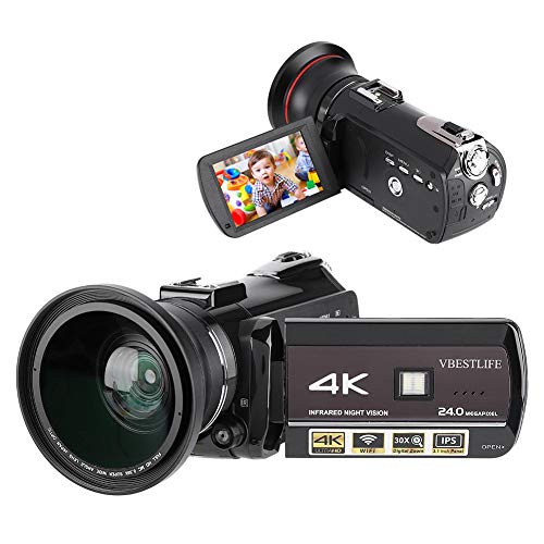 WiFi DV Camcorder, Tragbarer 4K 1080P HD 3,1" IPS Touchscreen 30x Zoom Digitalvideokamera mit externer Weitwinkelobjektiv Unterstützung APP Fernbedienung/IR Nachtsichtgerät/doppeltes LED Fülllicht(EU)