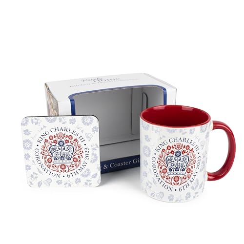 Purely Home Geschenkset mit Tasse und Untersetzer, Motiv: Krönung – Weiß und Rot, offizielles Emblem für Kaffee/Tee, Sammlerstück, Geschenk-Set