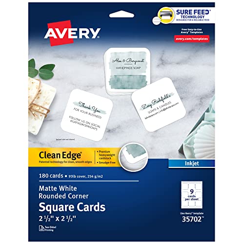 Avery Quadratische Karten mit abgerundeten Kanten, 6,3 x 6,3 cm, Clean Edge, Inkjet, 180 Karten (35702)