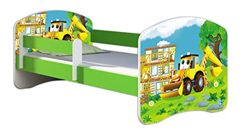ACMA Kinderbett Jugendbett mit Einer Schublade und Matratze Grün mit Rausfallschutz Lattenrost II 140x70 160x80 180x80 (20 Bagger, 140x70)