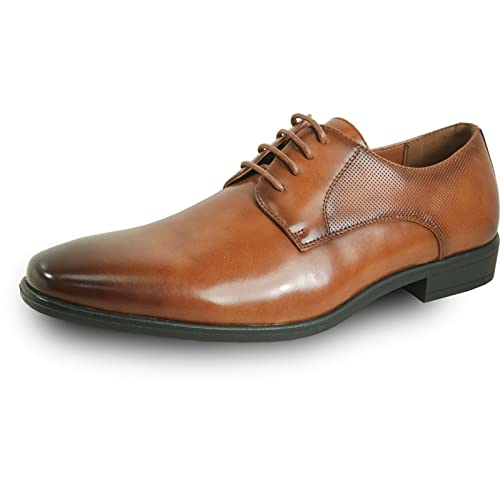 Bravo! Herren Kleiderschuh King-6 King-7 Classic Lace Up Oxford Plain or Cap Toe with Leather Sock Medium and Wide Width Black and Cognac, Cognac 7, 47 EU