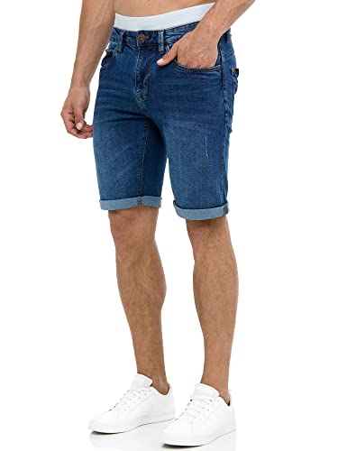 Indicode Herren Caden Jeans Shorts mit 5 Taschen aus 98% Baumwolle | Kurze Denim Stretch Hose Used Look Washed Destroyed Regular Fit Men Short Pants Freizeithose f. Männer Medium Indigo - Normal M