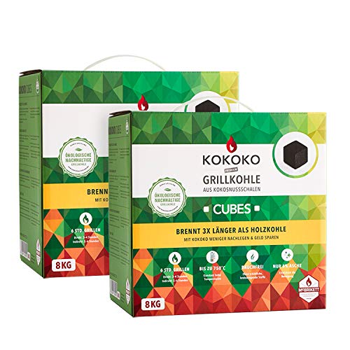 Set: 2 x 8 kg KOKOKO Cubes Premium Grillkohle, Bio Kokos Grillbriketts in Würfelform