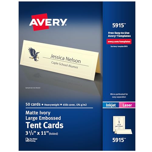 Avery Bedruckbare große Zeltkarten, 8,9 x 27,9 cm, elfenbeinfarben mit geprägtem Rand, 50 leere Tischkarten für Laser- oder Tintenstrahldrucker (05915)