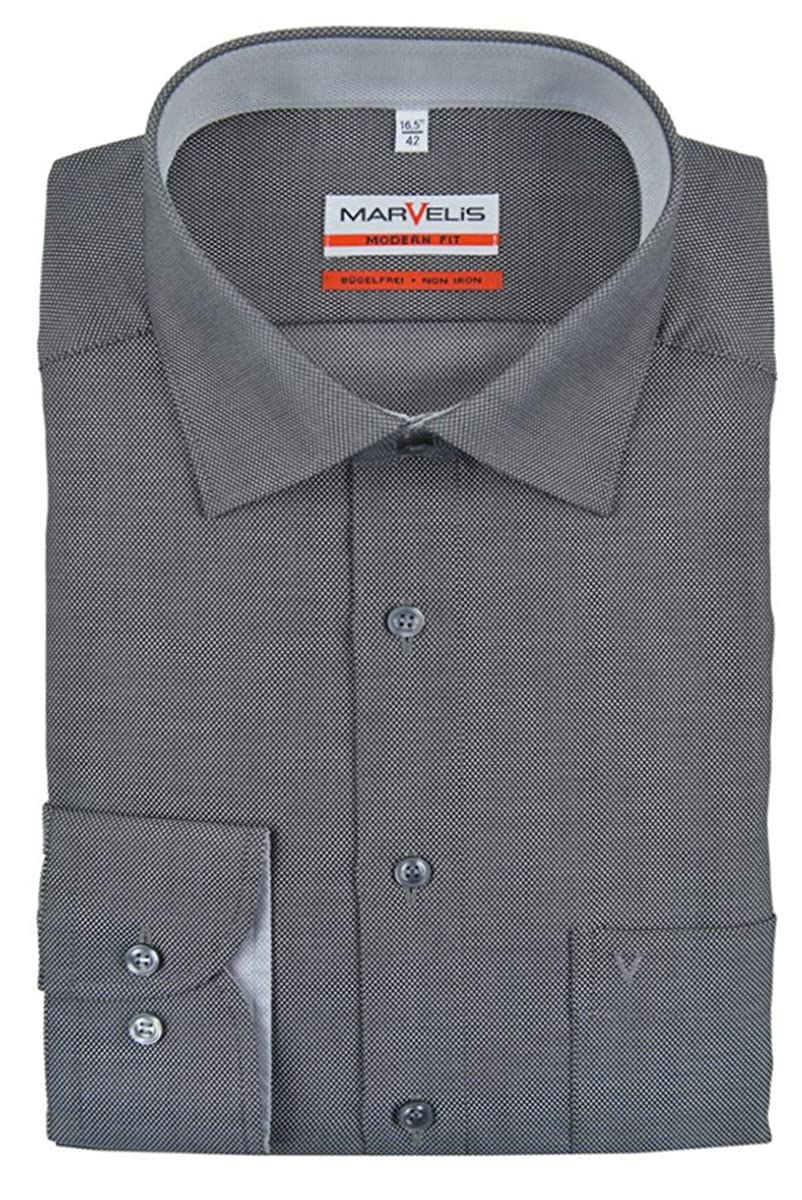 MARVELIS Modern Fit Hemd Langarm mit Brusttasche Struktur grau mit schwarzem Muster Größe 44
