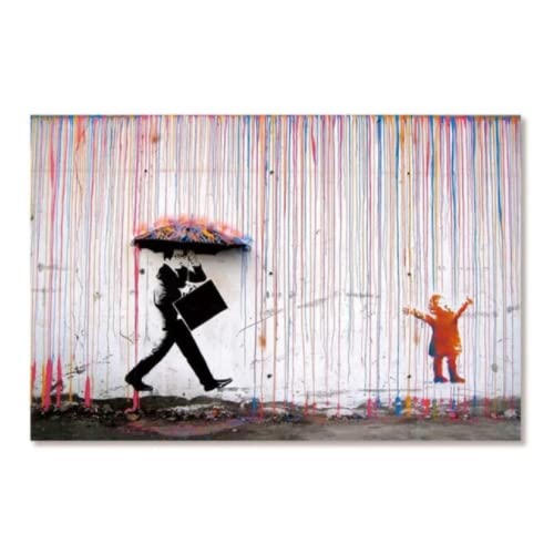 Wandkunst,Banksy Kind im Farbige Regen Kunstdruck auf Leinwand, Graffiti Street Art,Wanddekoration Bild für Wohnzimmer Schlafzimmer Büro Mit Rahmen Mit Rahmen (40x60cm(15.7x23.6 inch), Farbiger Regen)