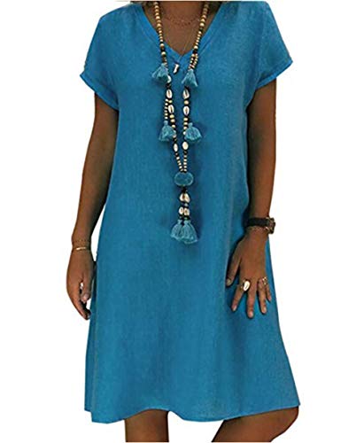 YUTILA Damen Sommerkleid für den Sommer V-Ausschnitt Casual Kleid im Boho Look,Blau,XXXL
