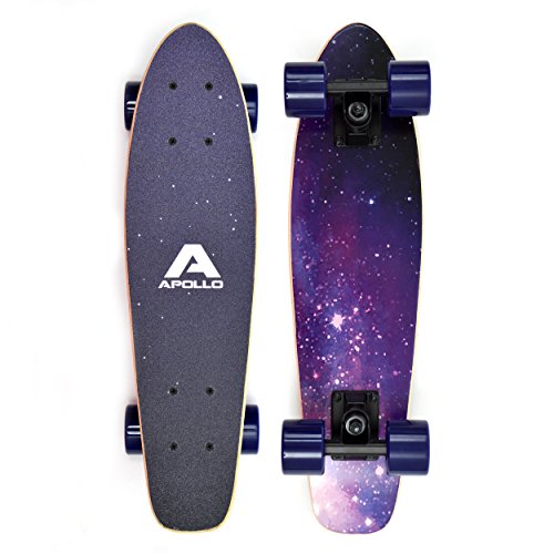 Apollo Wooden Fancy Skateboard, Vintage Cruiser Komplettboard mit und ohne LED Wheels, Größe: 22.5'' (57,15 cm), Farbe: Sternenhimmel/Lila