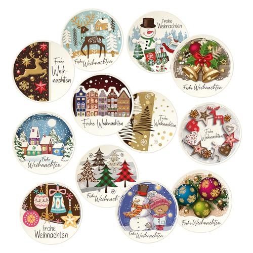 Günthart 12 Stück Dekorschilder "Frohe Weihnachten", rund, in verschiedenen Motiven, zum Dekorieren von Torten und Cupcakes, zum Verzehr geeignet