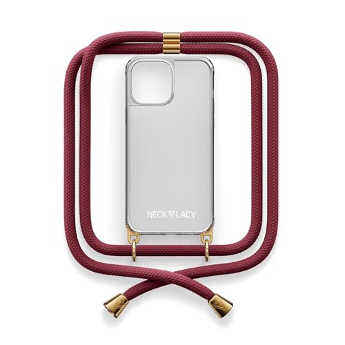 NECKLACY® - Die Premium Handykette für Apple iPhone 15 Plus in Berry | transparente Handyhülle mit hochwertiger Abnehmbarer Kordel zum Umhängen - Smartphone Crossbody