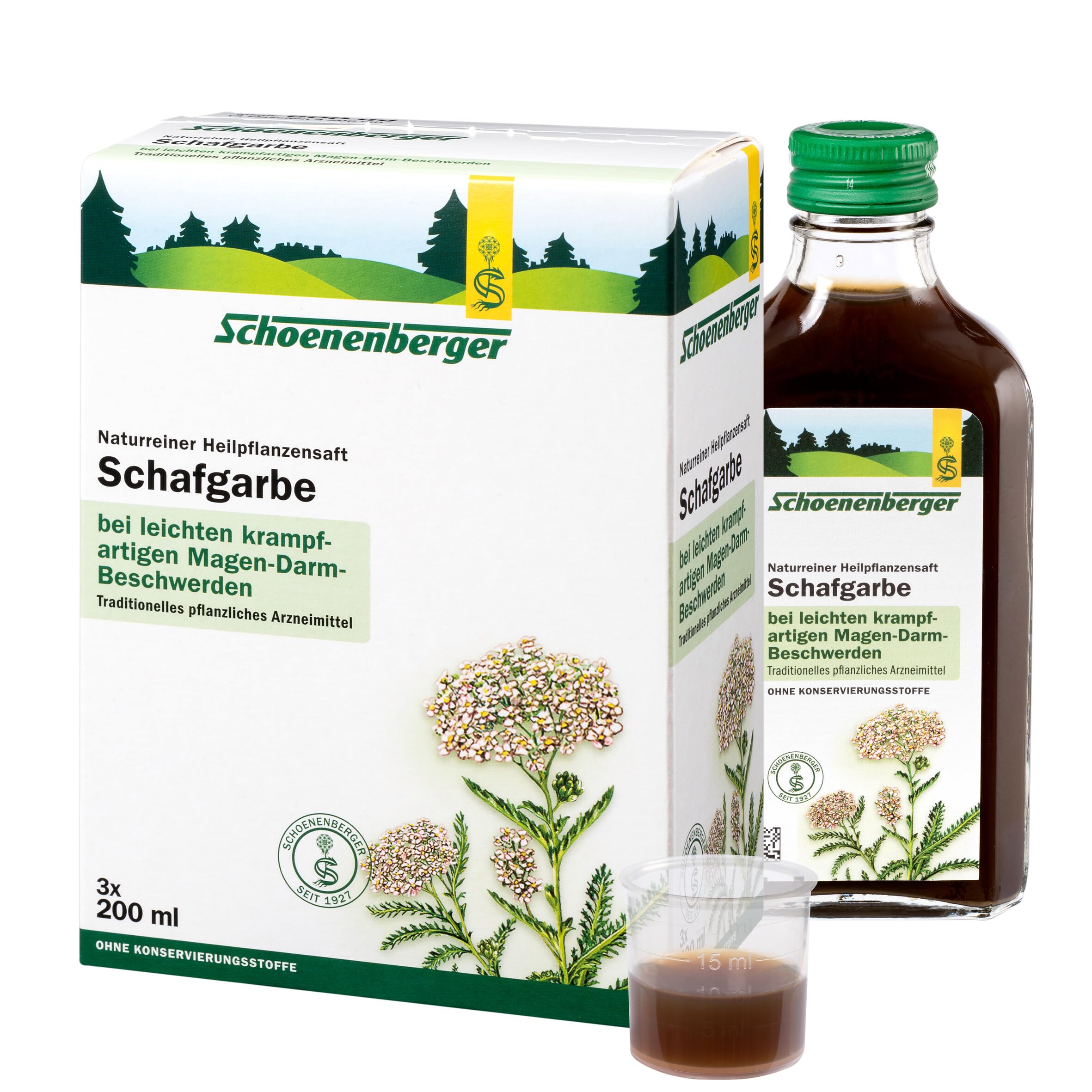 Schoenenberger - Schafgarbe naturreiner Heilpflanzensaft - 3x 200 ml (600 ml) Glasflaschen - freiverkäufliches Arzneimittel - bei leichten krampfartigen Magen-Darm-Beschwerden