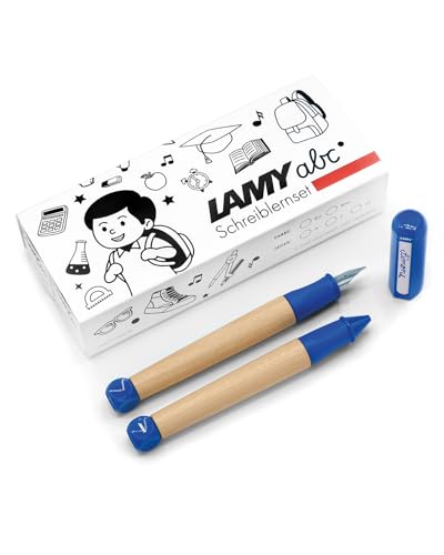 LAMY abc Schreiblernset blau inkl. Geschenkverpackung aus 1x kindgerechtem Schreiblernfüller mit Linkshänder Feder und 1x Bleistift, rutschfestes Griffstück, Kappe und Würfel aus Kunststoff