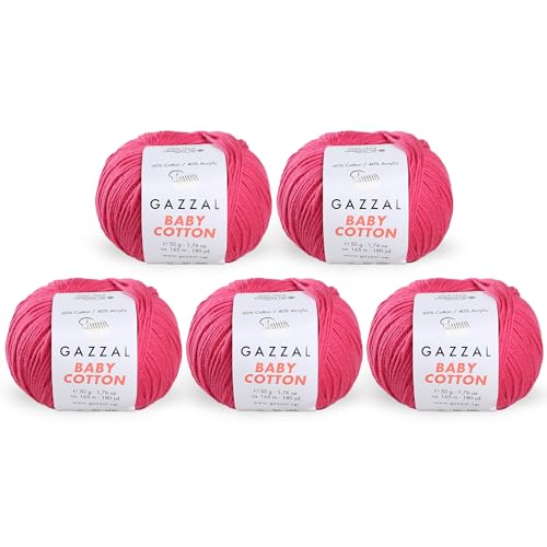 5 Knäuel (Packung) insgesamt 250 g Gazzal Baby Cotton je 50 g / 165 m weiches, feines Babygarn, 60 % Baumwolle (Pink – 3415)