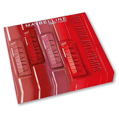 Maybelline New York - Exklusives Set mit 4 flüssigen Lippenstiften, langanhaltend, Superstay Vinyl Ink - Farben: Red Hot (25)/Koy (20)/Peachy (15)/Wicked (50)