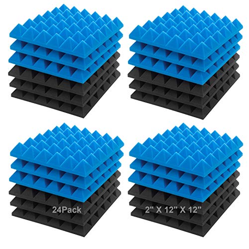 JBER Akustikschaumstoff-Platten, 5,1 x 30,5 x 30,5 cm, Schalldämmung für Studiowände, schalldämmend, feuerfeste Pyramidenkeilfliesen 24 Pack Blau/Anthrazit