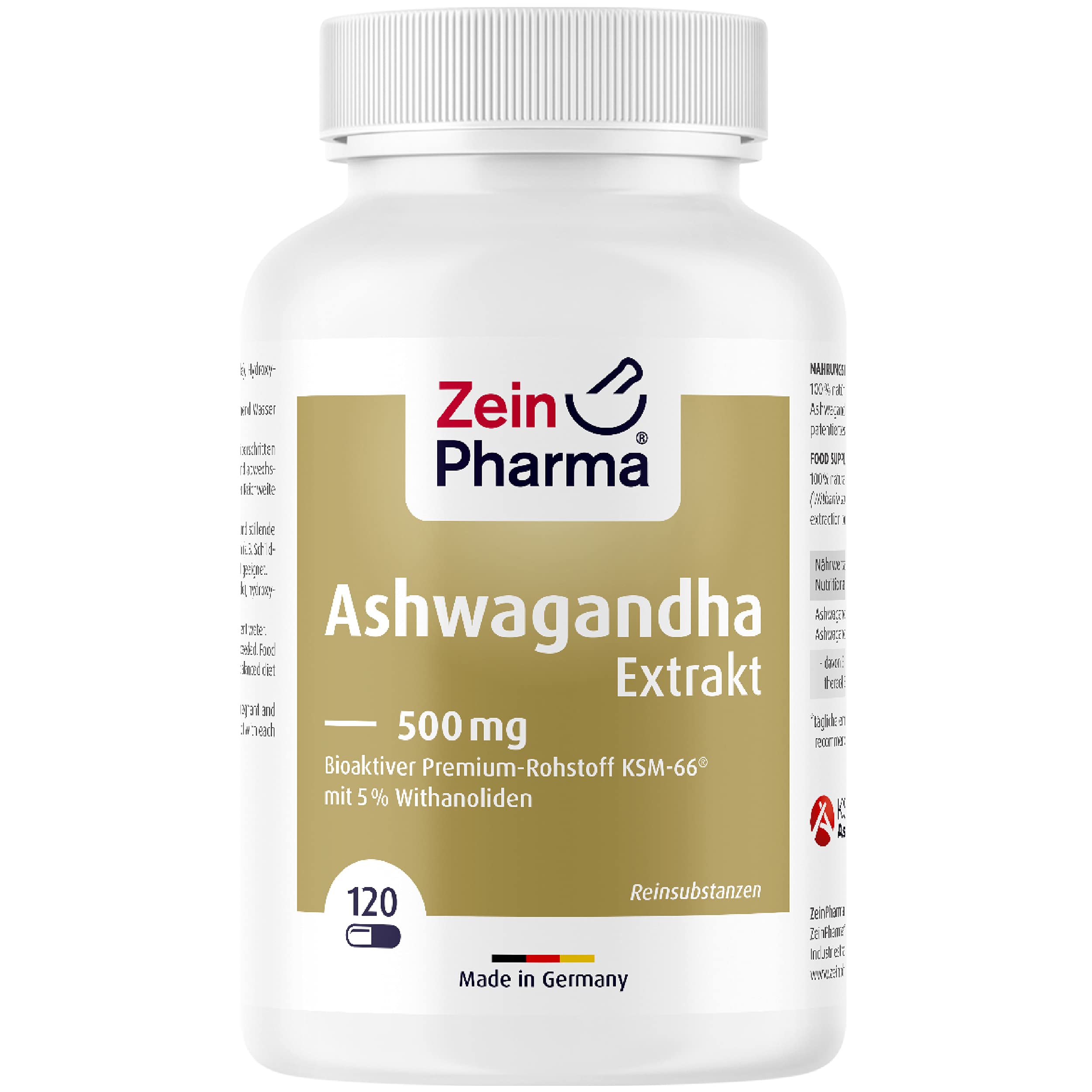 ZeinPharma Ashwagandha Extrakt 120 Kapseln 500mg - Ashwagandha Wurzel-Extrakt hochdosiert mit 5% Withanolide, Schlafbeere aus Indien, Nahrungsergänzungsmittel pflanzlich, laborgeprüft