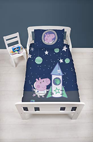 Peppa Pig Offizielles Peppa George Pig Kinderbettwäsche-Set und Kissenbezug, Motiv: Weltraumrakete, Blau