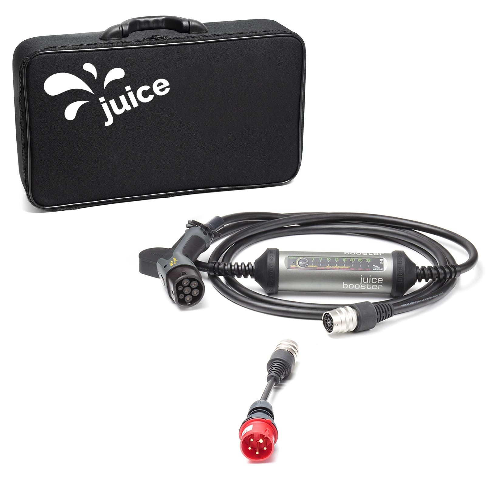 Juice Booster 2 Starter Set, Mobile Wallbox 22kW Installationsfrei, Ladegerät für BEV mit Typ 2 Ladekabel E Auto, Superleicht und Flexibel, IP67 Wasserdicht, Inkl. Adapter CEE16 Rot 3-Phasig