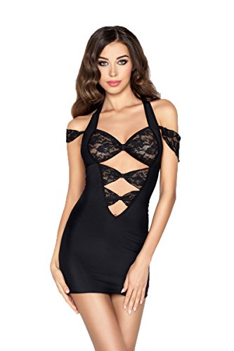 Schwarzes Damen Dessous Minikleid in schwarz mit Spitze Elegantes Kleid Chemise mit String XXL/XXXL