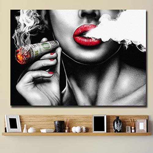 Moderne POP Art Sexy Girl Smoking A Cigar Ölgemälde auf Leinwand Poster und Drucke Wandkunst Bilder Für Wohnzimmer 80x120cm (32x47in) Mit Rahmen