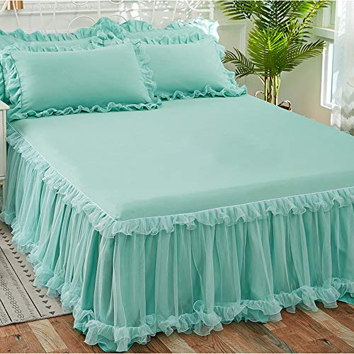 Bettvolant Bettrock Tagesdecke Ruffle Bettüberwurf Spitze Rüschen Bett Rock 3PCS Sets Bettwäsche Prinzessinnen-Stil,Green-200X220CM