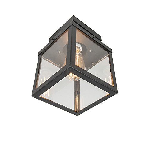 QAZQA - Modern Industrie | Vintage | Outdoor-Außen Deckenleuchte | Deckenlampe | Lampe | Leuchte schwarz 1-flammig - Rotterdam | Außenbeleuchtung - Edelstahl Rechteckig - LED geeignet E27