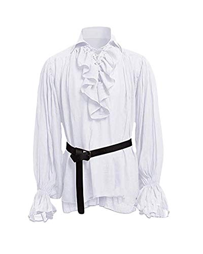 Shaoyao Herren Lange Ärmel Cosplay Gothic Victorian Rüschenhemd Mittelalter Hemd Elegant Langarmshirt Kein Gürtel Weiß L