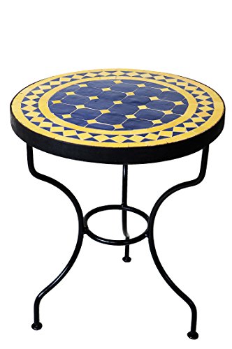 ORIGINAL Marokkanischer Mosaiktisch Beistelltisch ø 40cm rund | Runder Mosaik Gartentisch Mediterran | Handarbeit aus Marokko als Blumentisch für Balkon oder Garten | Marrakesch Blau Gelb 40cm