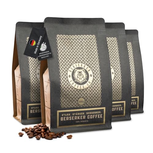 BERSERKER COFFEE Geröstete Kaffeebohnen extra stark mit 237 mg Koffein auf 100 ml - 100% Robusta Kaffee säurearm ganze Bohnen ohne Zusätze - Espressobohnen für Kaffeevollautomat 4 x 500g