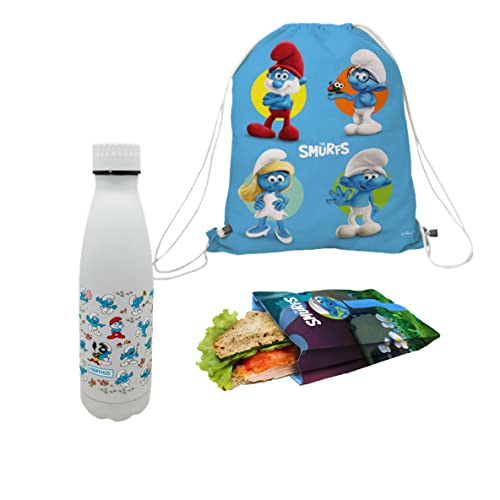 NERTHUS Set Rucksack + Sandwichtasche + Flasche D. Wand 500 ml Schlümpfe