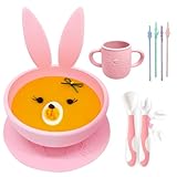 Brunoko Baby Cup + Bowl Set in Pink - 1 bowl + 1 Cup + Fork/Spoon + 4 Straws - baby's first dinnerware - BPA Free Silicone - Safe in Dishwasher/Microwave