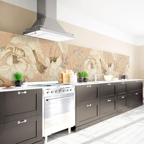 Arcondo Küchenrückwand Spritzschutz Selbstklebend mit Motiv Reiher und Blüten auf Braun Folie Eco Glanz 250 x 80 cm
