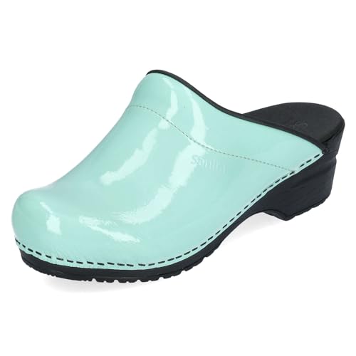 Sanita | Sonja Offener Clog, Lackleder | Original handgemachte, Flexible Leder Clogs für Damen | Anatomisch geformtes Fußbett mit weichem Schaum | Hellgrün | 37 EU