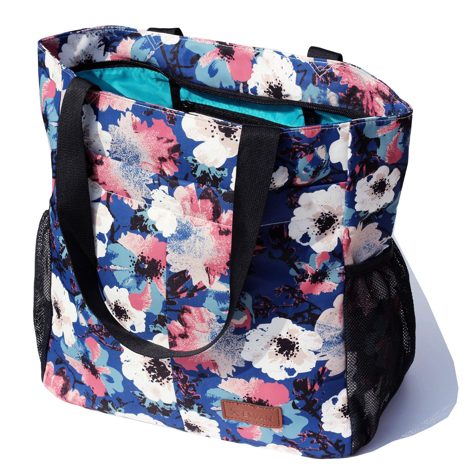ESVAN Original Floral Tote Bag Große Umhängetasche mit Multi Taschen für Gym Reise Strand Täglich Taschen, weiße blumen, One_Size, modisch